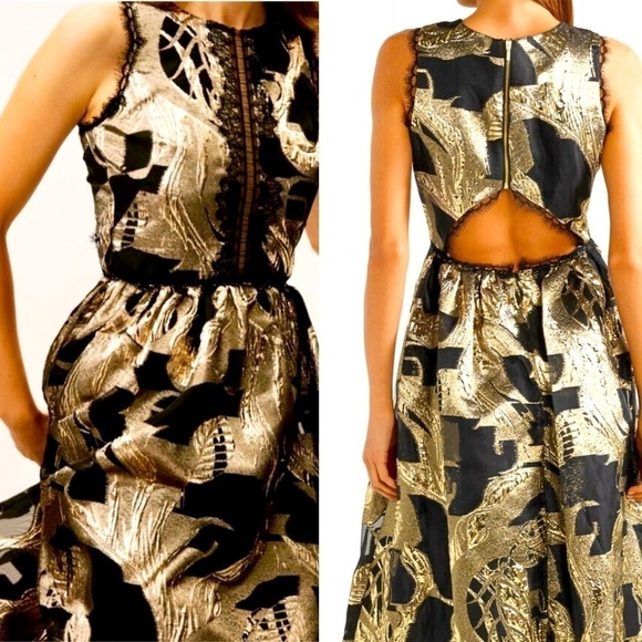 Marchesa Dresses & Skirts - Marchesa Notte Sleeveless Metallic Fil Coupe Dress Back Cut Out Black/Gold SZ 2